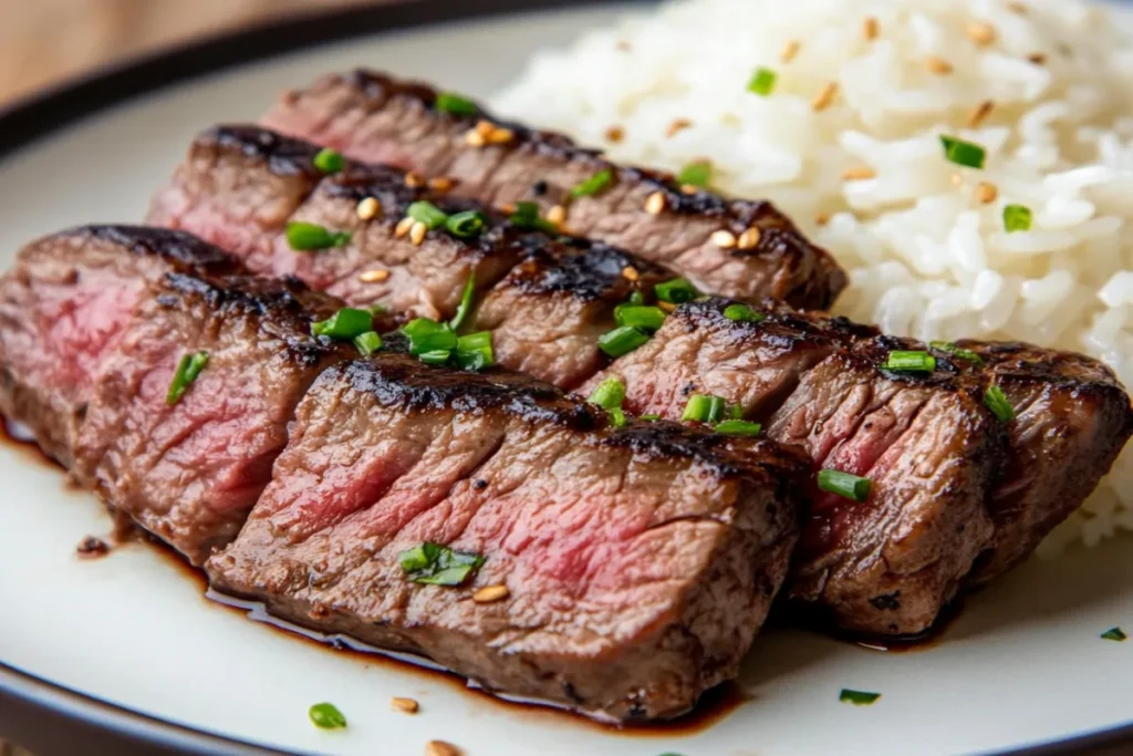 "Healthy steak with cauliflower rice and vegetables for a low-carb meal option"