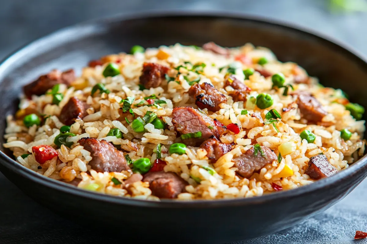 What meat goes best with fried rice? 1 A bowl of fried rice with chicken, shrimp, and vegetables served with fresh herbs.