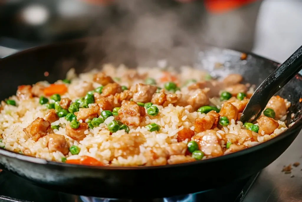 A close-up of golden, crispy fried rice in a wok with vegetables and protein, highlighting the perfect texture.