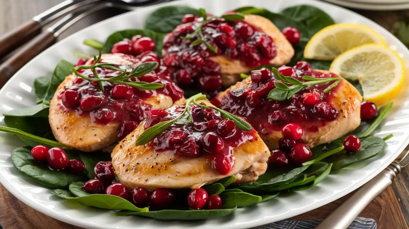 Cranberry Spinach Chicken Deligh 1 Plate of Cranberry Spinach Chicken Delight with fresh spinach, cranberries, and tender chicken breast, garnished with herbs.