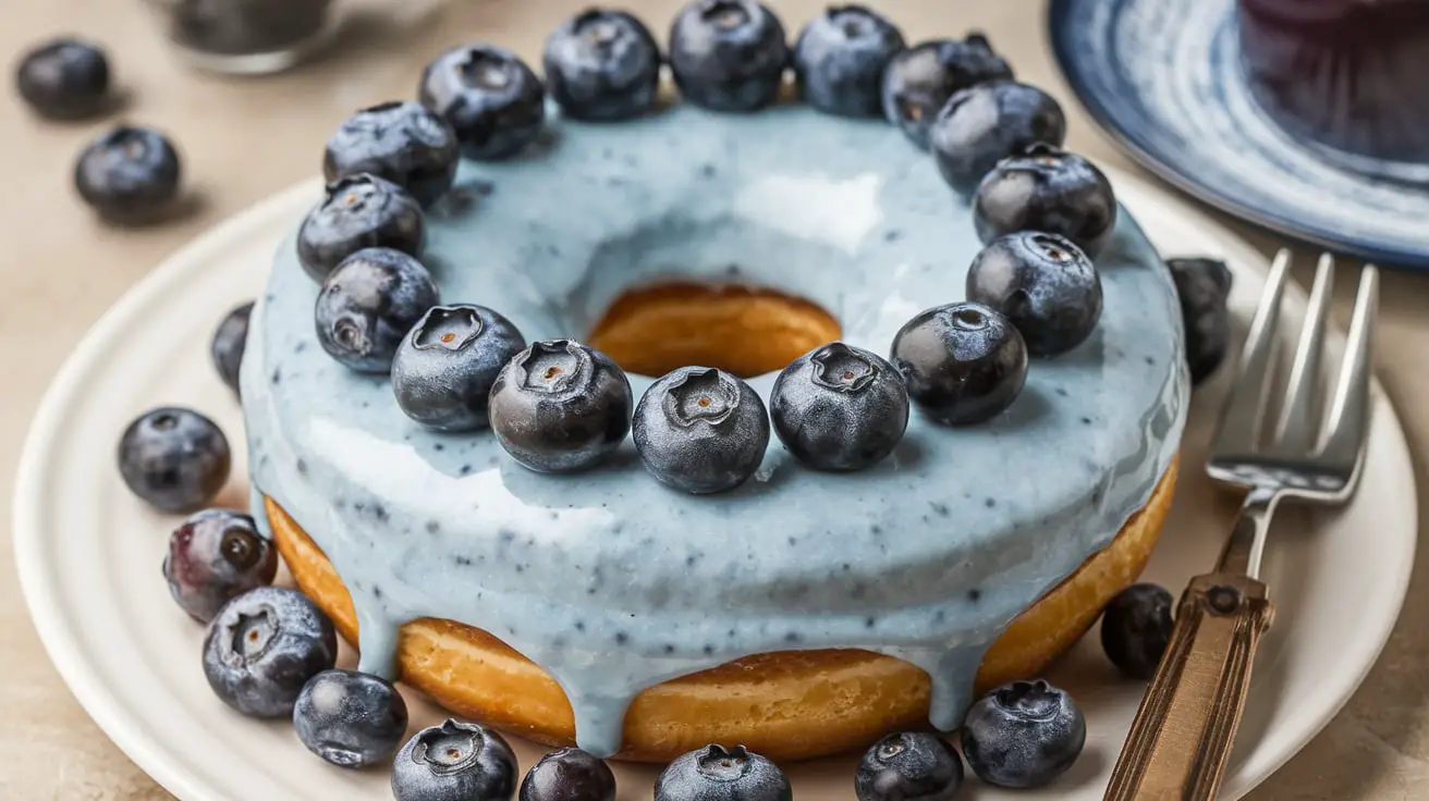 Blueberry Cheesecake Donut Cake 4 Blueberry Cheesecake Donut Cake with fresh blueberries and creamy cheesecake filling on top of a fluffy donut cake base.