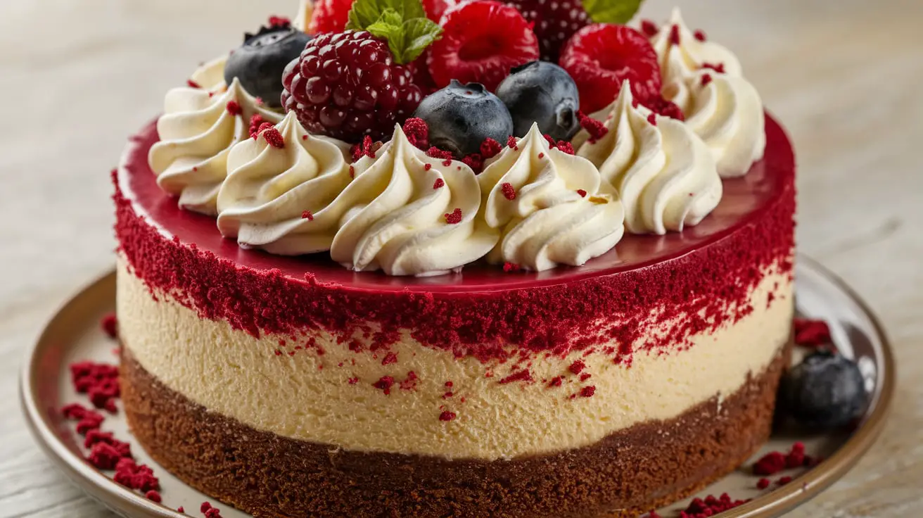 Decadent Red Velvet Cheesecake 4 "Decadent red velvet cheesecake with creamy cheesecake filling and vibrant red velvet cake layers"