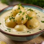 Creamy Garlic Sauce Baby Potatoes 7 Creamy garlic sauce baby potatoes served as a side dish with fresh parsley garnish.