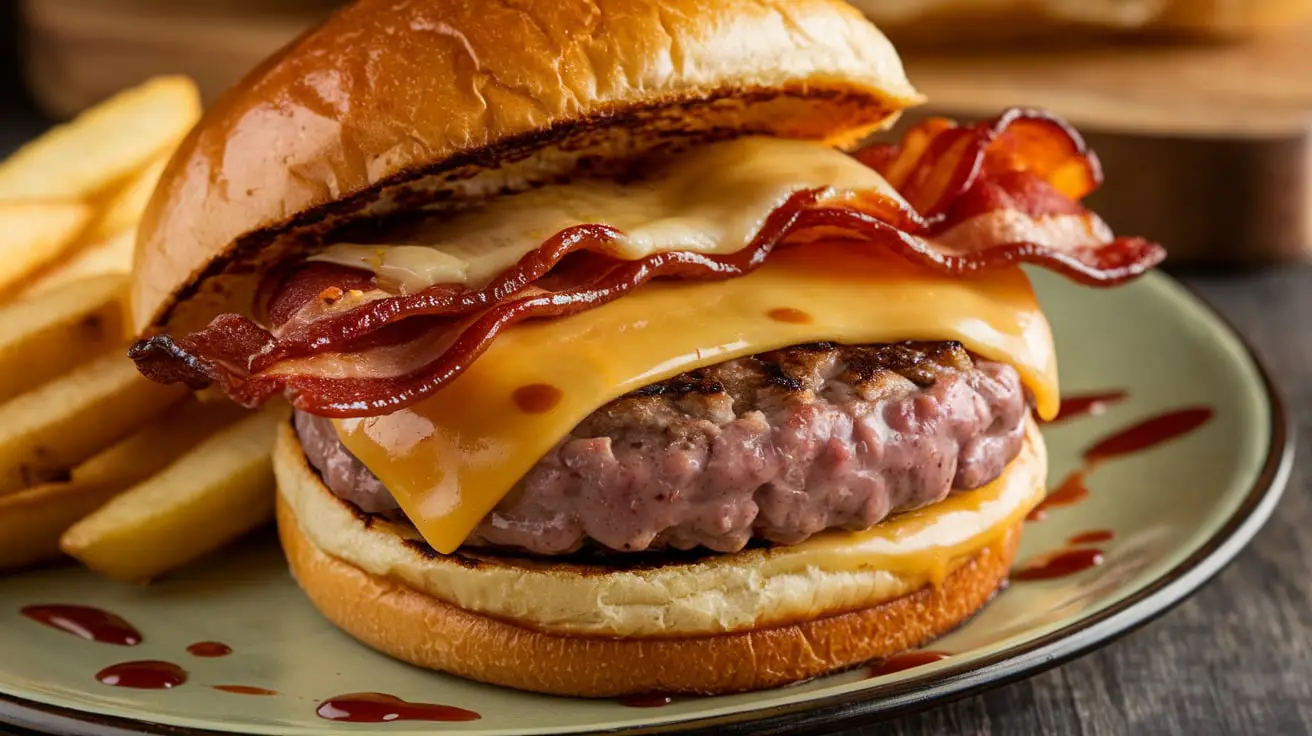 Cheesy Bacon Burger Bliss 4 Cheesy bacon burger with crispy bacon, melted cheese, and a juicy patty on a toasted bun.