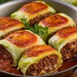 Savory Stuffed Cabbage Rolls 7 Savory stuffed cabbage rolls with a delicious filling of meat and rice, served with pickled vegetables and mashed potatoes on the side