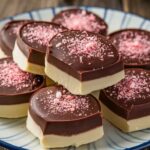 Homemade Peppermint Patties 5 "Homemade peppermint patties coated in smooth chocolate on a wooden plate"