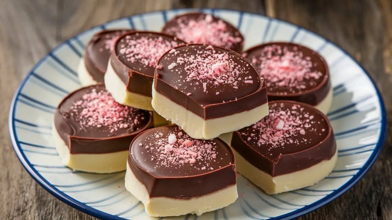 Homemade Peppermint Patties 3 "Homemade peppermint patties coated in smooth chocolate on a wooden plate"
