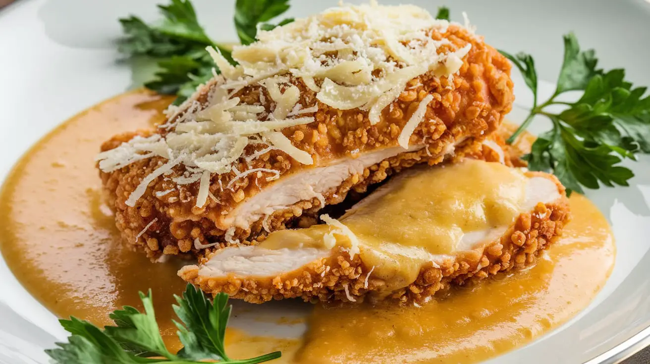 Crunchy Chicken with Parmesan Sauce 3 Crispy breaded chicken topped with creamy Parmesan sauce. Perfectly golden and delicious.