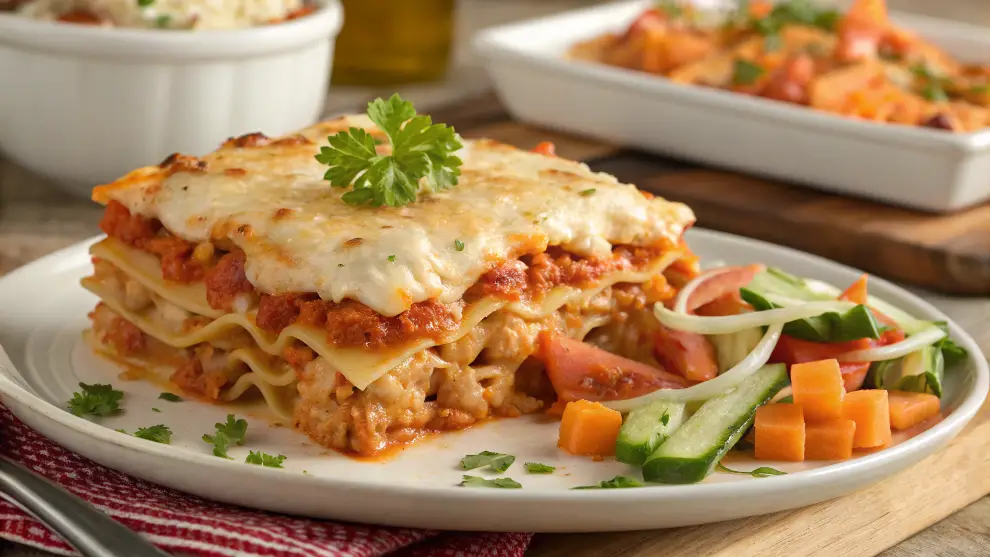 Buffalo Chicken Lasagna Delight 3 Buffalo Chicken Lasagna Delight served on a plate with melted cheese and spicy buffalo sauce.