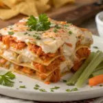 Buffalo Chicken Lasagna Delight 5 Buffalo Chicken Lasagna Delight served on a plate with melted cheese and spicy buffalo sauce.