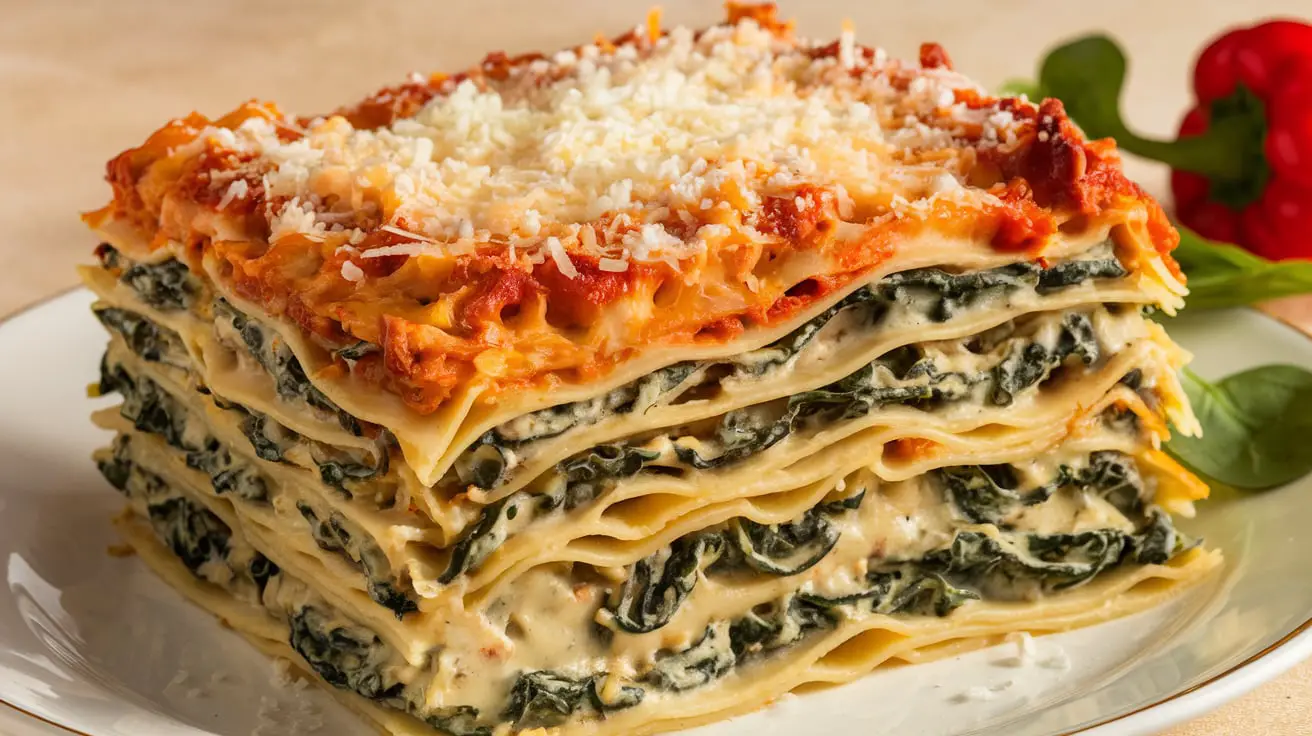 Creamy Spinach Mushroom Lasagna 4 A serving of creamy spinach mushroom lasagna with layers of spinach, mushrooms, and creamy white sauce topped with melted cheese.