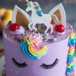 Magical Unicorn Purple Velvet Cake 7 Magical Unicorn Purple Velvet Cake with vibrant frosting and unicorn-themed decorations