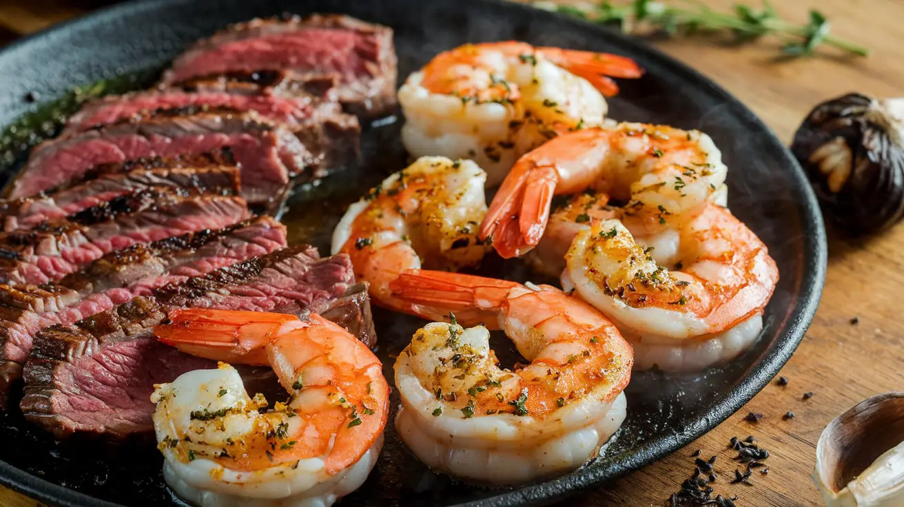 Sizzling Garlic Glazed Steak Shrimp 4 Sizzling garlic glazed steak and shrimp plated with fresh herbs and a garlic glaze drizzle