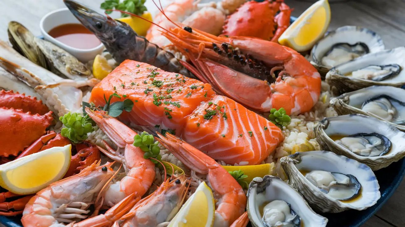 Salmon Seafood Symphony Delight 4 Puerto Rican Pernil roast with crispy skin and juicy pork served on a festive plate