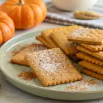 Spiced Pumpkin Graham Crackers 5 "Homemade spiced pumpkin graham crackers on a wooden board"