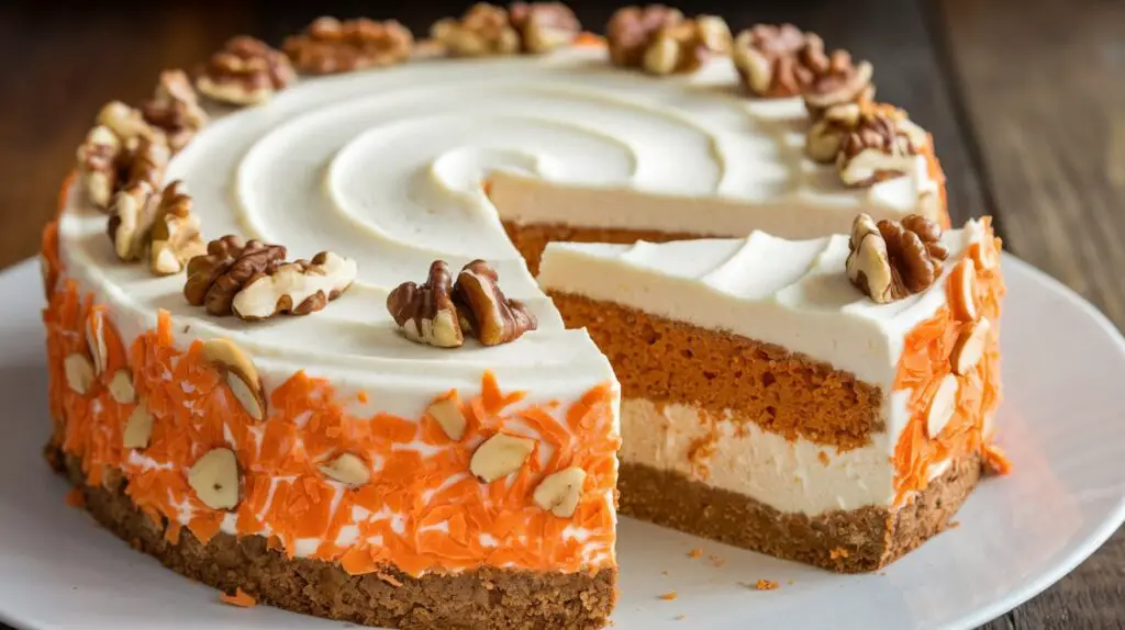Carrot Cake Cheesecake Delight dessert with a spiced carrot cake base and creamy cheesecake topping, garnished with walnuts.