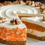 Carrot Cake Cheesecake Delight 7 Carrot Cake Cheesecake Delight dessert with a spiced carrot cake base and creamy cheesecake topping, garnished with walnuts.