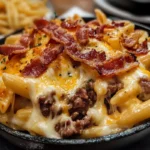 Loaded Bacon Cheeseburger Alfredo Pasta 7 Loaded Bacon Cheeseburger Alfredo Pasta with crispy bacon, ground beef, and creamy Alfredo sauce, served in a bowl.