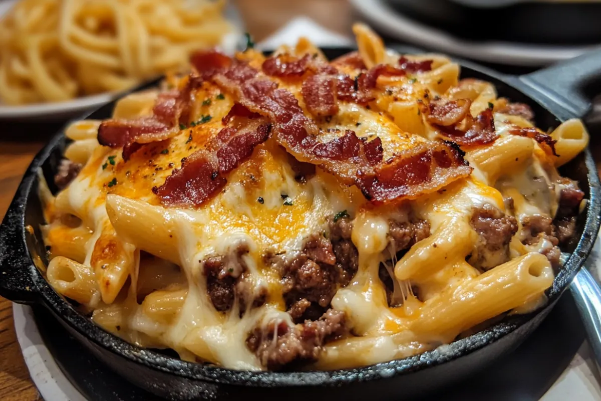 Loaded Bacon Cheeseburger Alfredo Pasta 4 Loaded Bacon Cheeseburger Alfredo Pasta with crispy bacon, ground beef, and creamy Alfredo sauce, served in a bowl.
