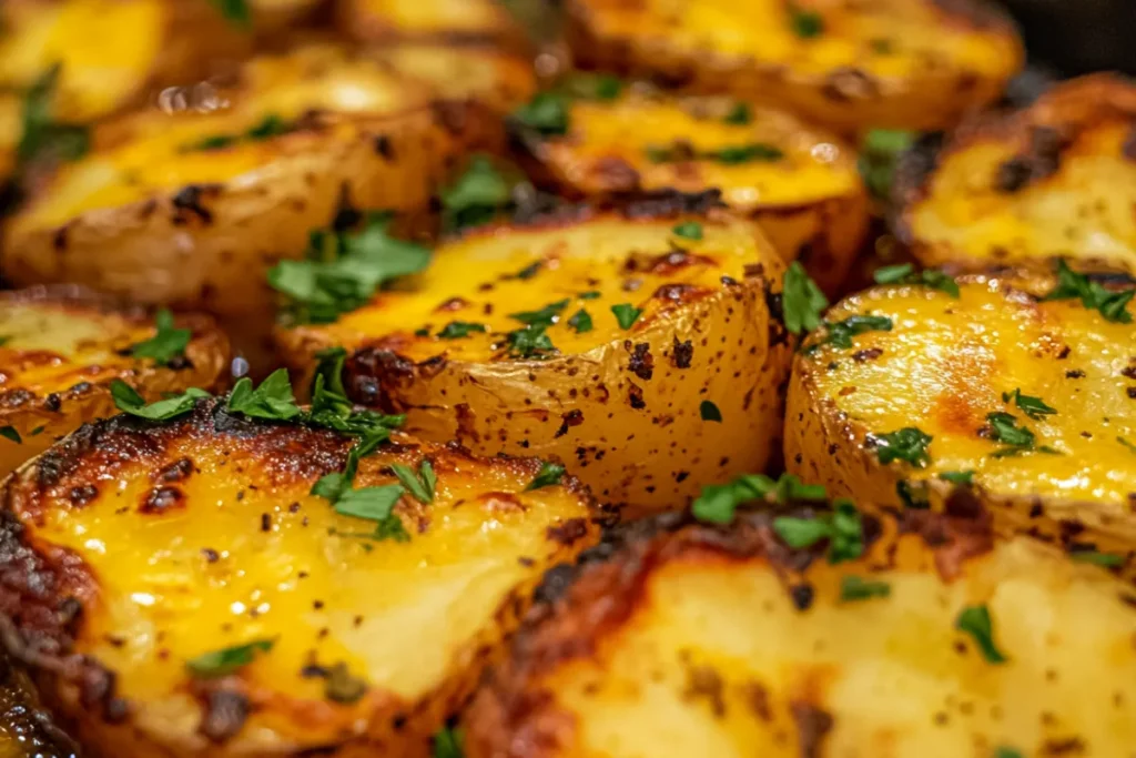 Cheesy ranch oven roasted potatoes with crispy edges and melted cheese, served as a delicious side dish.