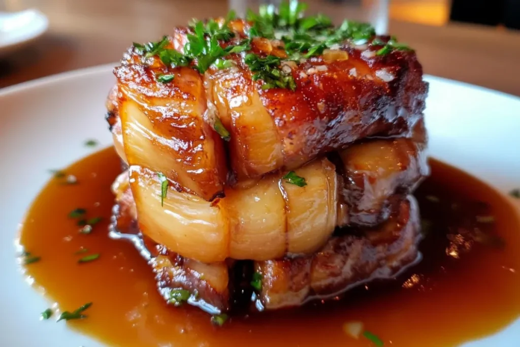 Cochon Confit à la Bière et Sirop d’Érable served with mashed potatoes and roasted vegetables, showcasing the rich, savory flavors of the dish.