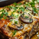 Mushroom Swiss Cheese Meatloaf 7 Mushroom Swiss Cheese Meatloaf with melted cheese and mushrooms on a cutting board
