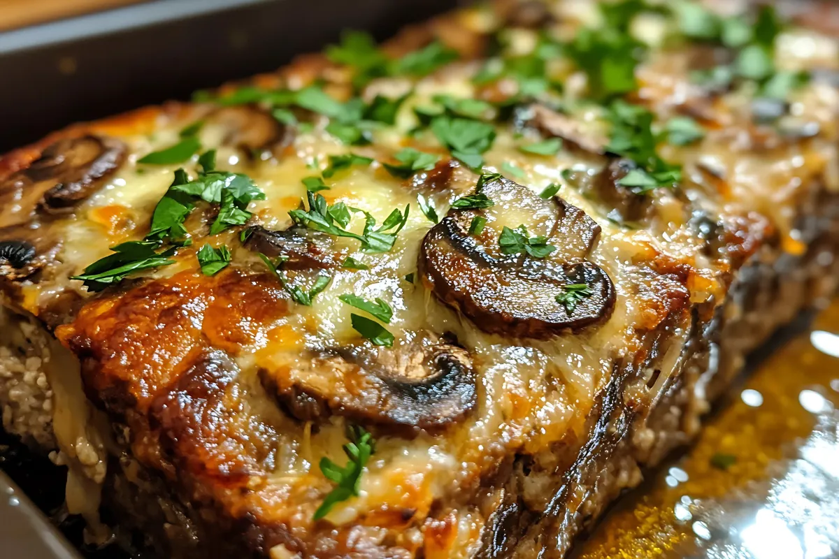 Mushroom Swiss Cheese Meatloaf 4 Mushroom Swiss Cheese Meatloaf with melted cheese and mushrooms on a cutting board