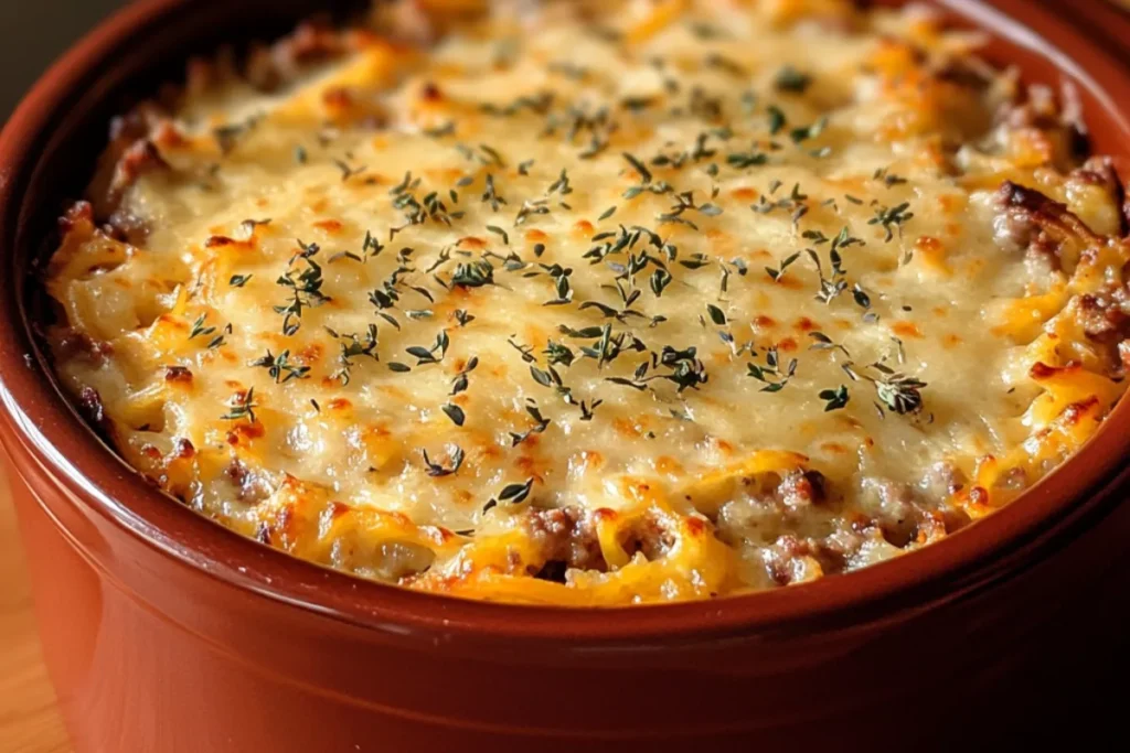 Cheesy sausage and hashbrown casserole in a crockpot, ready to be served as an easy dinner option.