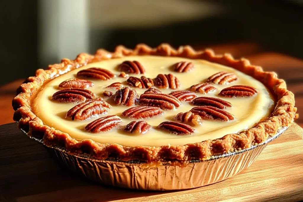 A rich and creamy Caramel Pecan Delight Pie topped with toasted pecans and drizzled caramel, served on a white plate.