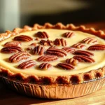Caramel Pecan Delight Pie 7 A rich and creamy Caramel Pecan Delight Pie topped with toasted pecans and drizzled caramel, served on a white plate.