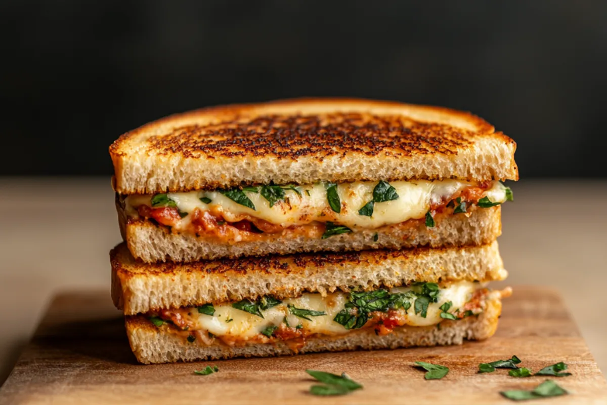 Mediterranean Grilled Cheese Sandwich 4 Mediterranean Grilled Cheese Sandwich with feta cheese, tzatziki sauce, and roasted red peppers on sourdough bread.