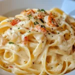 Crab Fettuccine Alfredo 7 A plate of Crab Fettuccine Alfredo with creamy sauce and tender crab meat served with fresh parsley garnish.