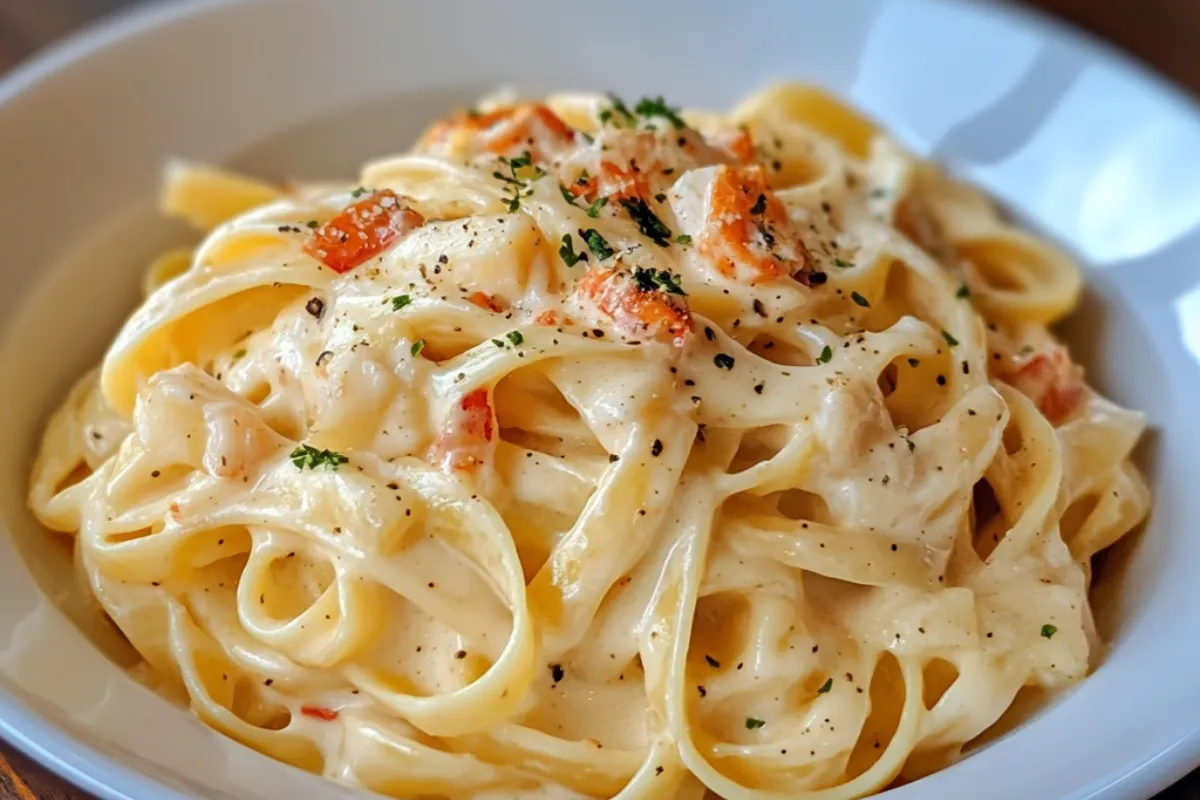 A plate of Crab Fettuccine Alfredo with creamy sauce and tender crab meat served with fresh parsley garnish.