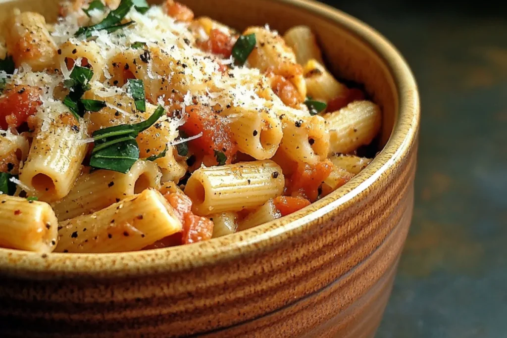 A bowl of Crockpot Pasta Fagioli with beans, pasta, and vegetables, garnished with grated Parmesan cheese.