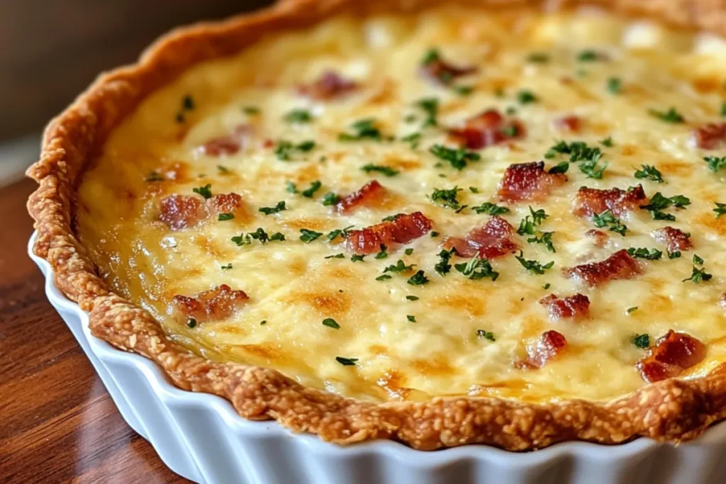 Easy No-Crust Cheesy Bacon Quiche served in a pie dish with crispy bacon and melted cheese on top.