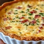 Easy No-Crust Cheesy Bacon Quiche 7 Easy No-Crust Cheesy Bacon Quiche served in a pie dish with crispy bacon and melted cheese on top.