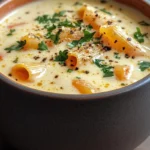 Creamy Alfredo Lasagna Soup 7 Bowl of creamy Alfredo lasagna soup with melted cheese and fresh spinach