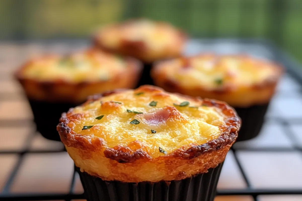 Crispy Golden Ham & Cheese Breakfast Muffins 4 Crispy Golden Ham & Cheese Breakfast Muffins with melted cheese and ham on top