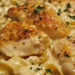 One-Pan Chicken with Creamy Buttered Noodles 7 One-pan chicken with creamy buttered noodles in a skillet, garnished with fresh parsley.