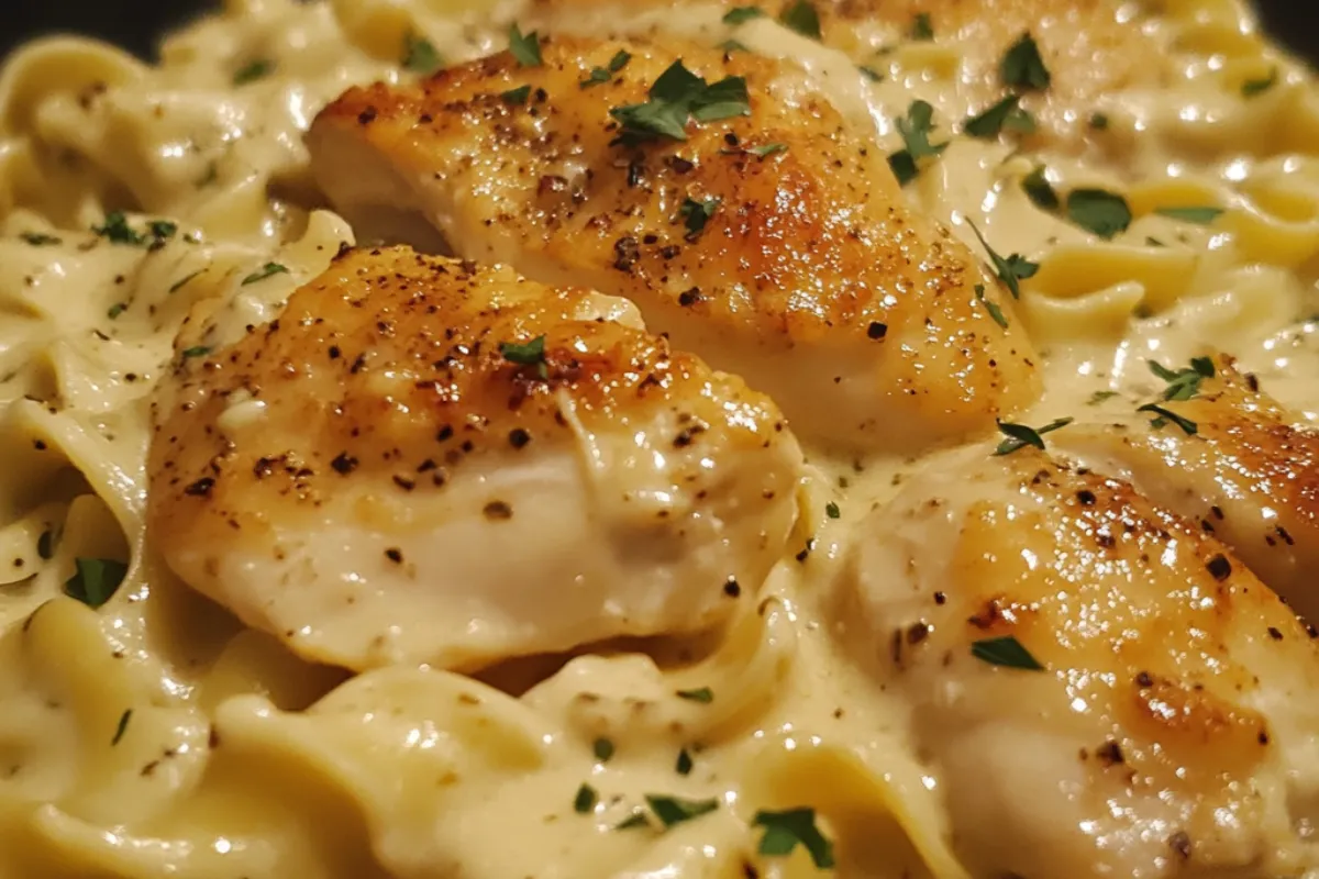 One-Pan Chicken with Creamy Buttered Noodles 4 One-pan chicken with creamy buttered noodles in a skillet, garnished with fresh parsley.