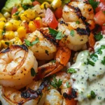 Grilled shrimp bowl with avocado corn salsa and creamy sauce 7 Grilled Shrimp: Juicy grilled shrimp with a golden sear, ready to be served in a bowl.