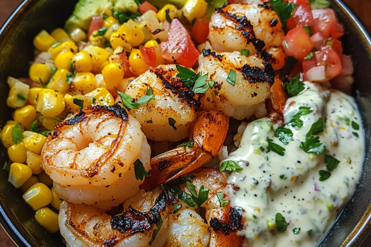 Grilled shrimp bowl with avocado corn salsa and creamy sauce 4 Grilled Shrimp: Juicy grilled shrimp with a golden sear, ready to be served in a bowl.