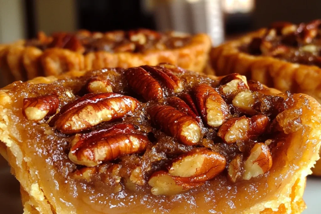 Golden deep fried pecan pies on a plate with powdered sugar sprinkled on top.