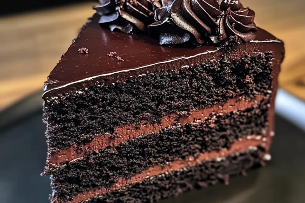 A slice of moist Black Velvet Cake with cream cheese frosting and edible gold leaf garnish.