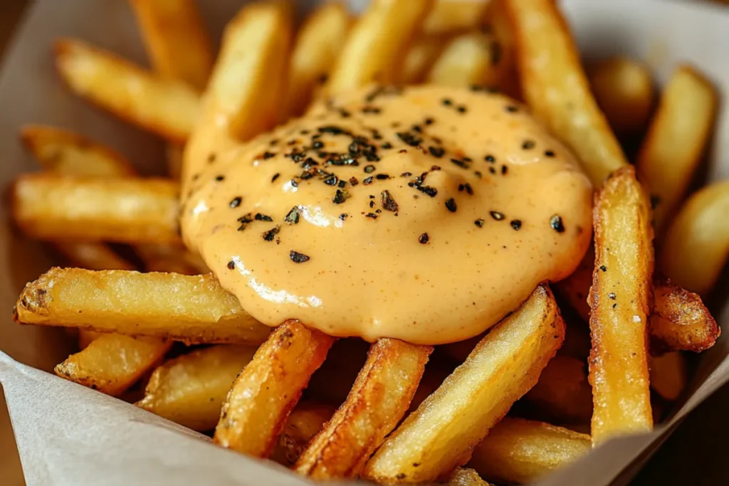 A creamy, homemade cheese sauce poured over crispy fries, perfect for dipping or drizzling.
