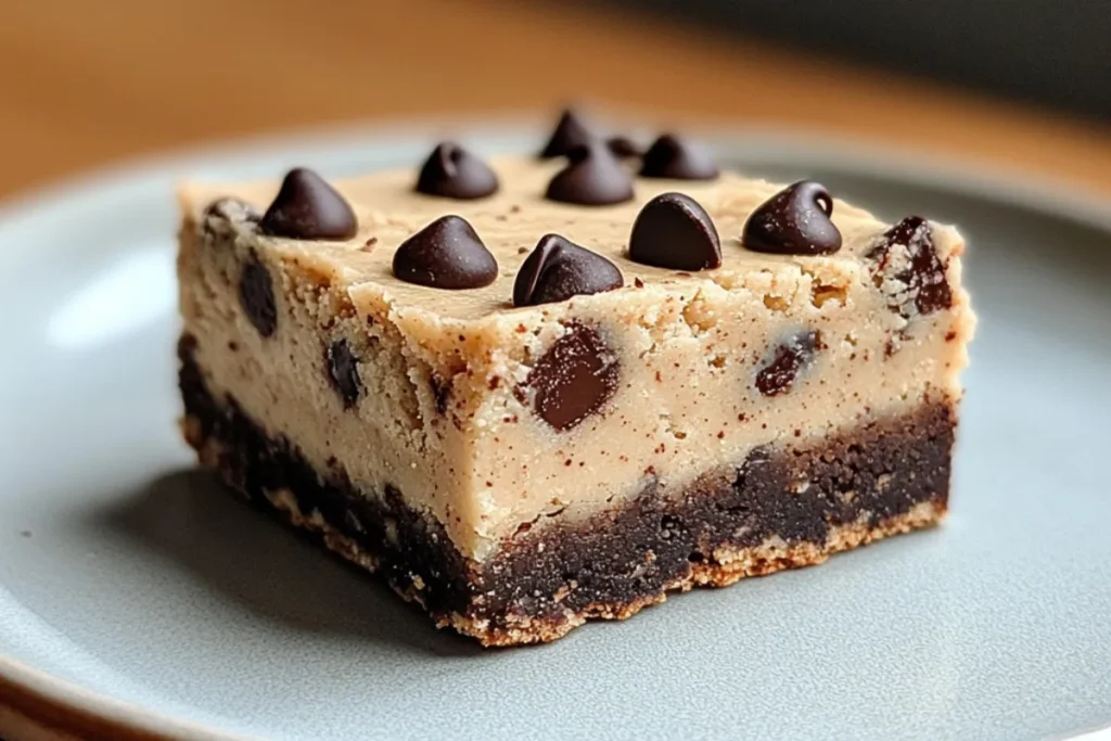 No-bake chocolate chip cookie dough bars with a smooth chocolate topping. Perfect for dessert lovers.