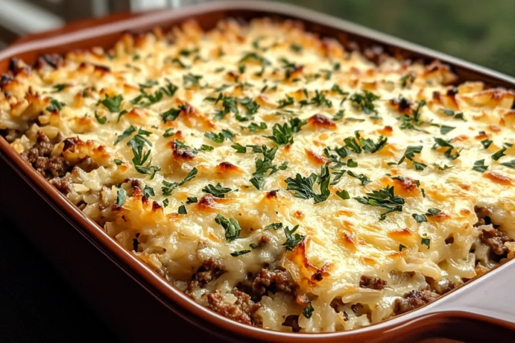 French onion ground beef and rice casserole topped with melted cheese and served on a plate, showcasing a hearty comfort food dish.
