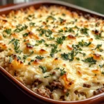 French Onion Ground Beef and Rice Casserole 7 French onion ground beef and rice casserole topped with melted cheese and served on a plate, showcasing a hearty comfort food dish.