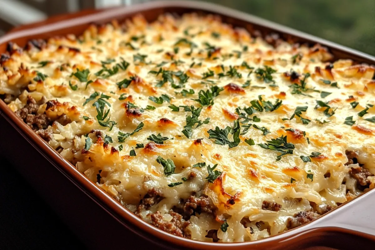 French Onion Ground Beef and Rice Casserole 4 French onion ground beef and rice casserole topped with melted cheese and served on a plate, showcasing a hearty comfort food dish.