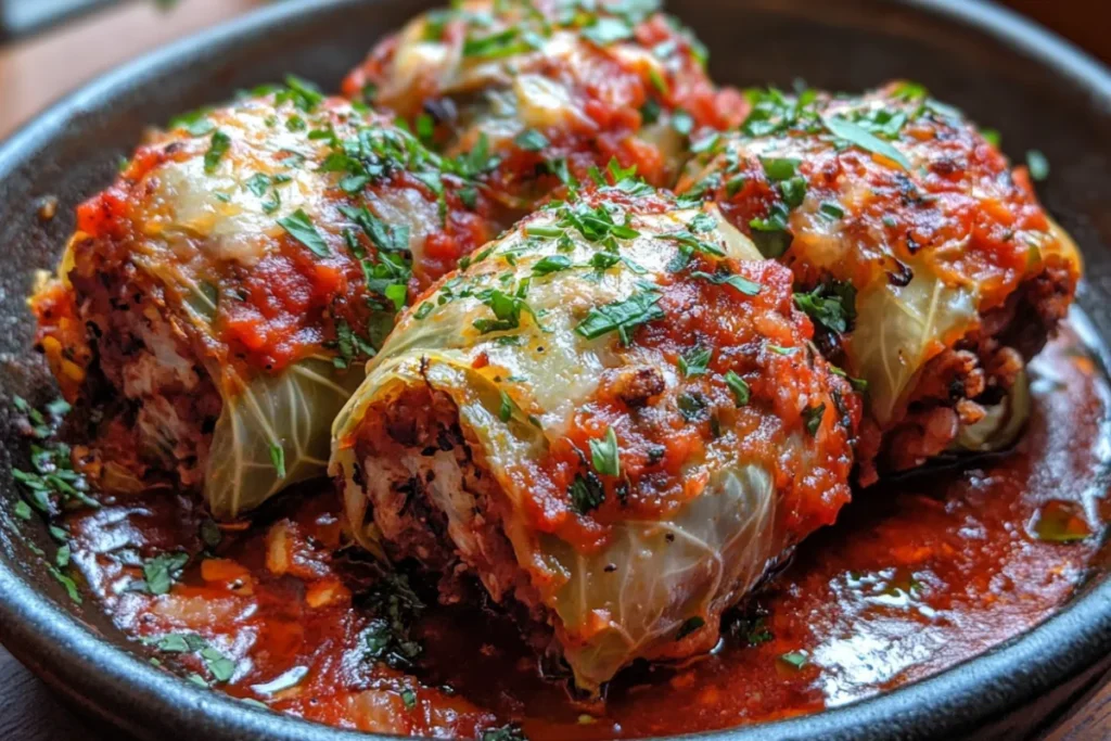 A plate of authentic Italian stuffed cabbage rolls filled with seasoned meat and rice, topped with tomato sauce, ready to serve.